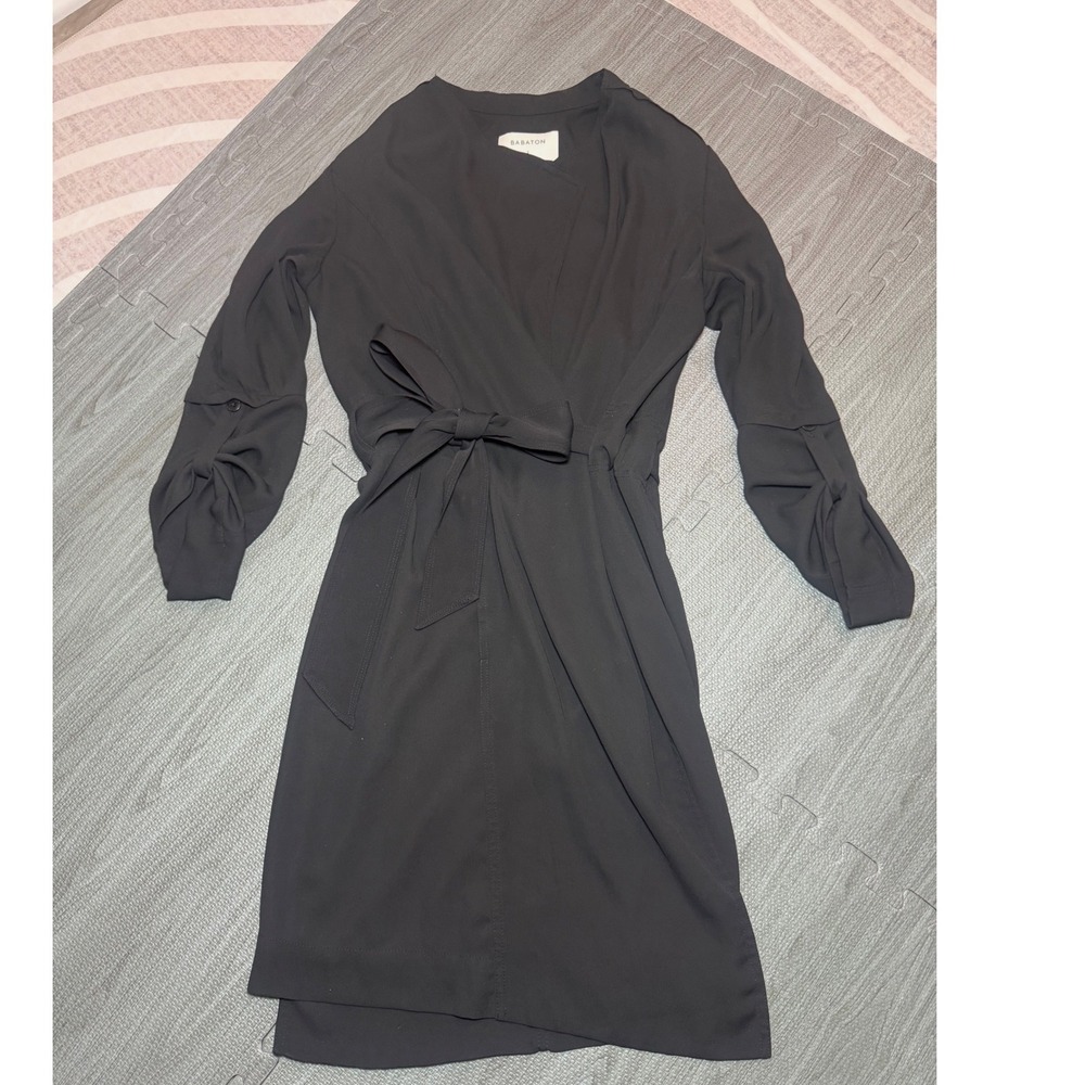 Babaton Black Wrap Dress Long Roll Tab Sleeve V-Neck Small Aritzia Office Chic